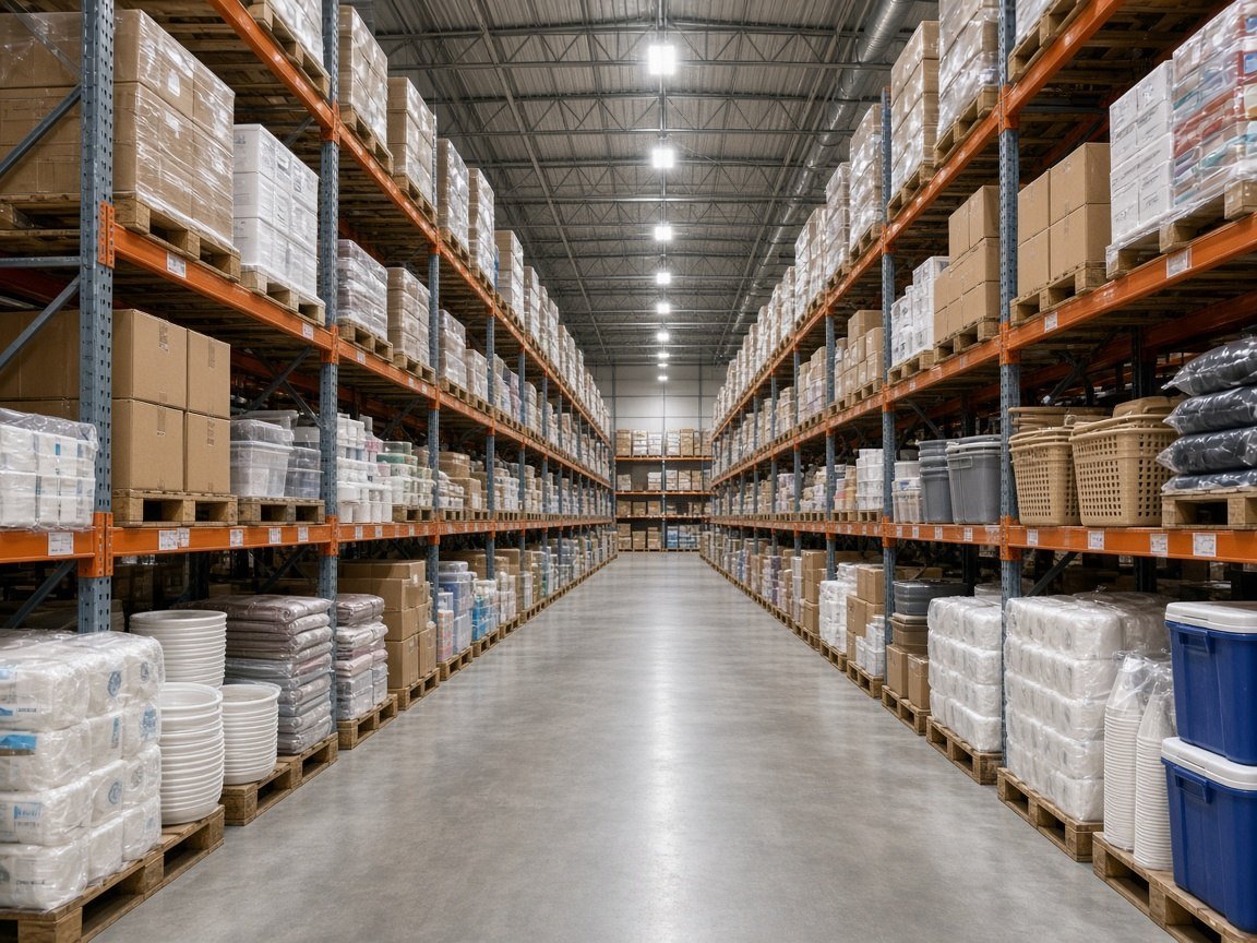 Organized wholesale warehouse with general merchandise cartons