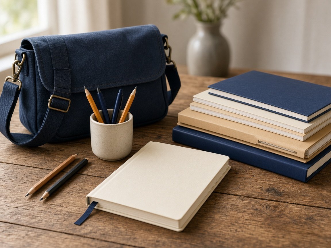 Professionally arranged school supplies and a messenger bag